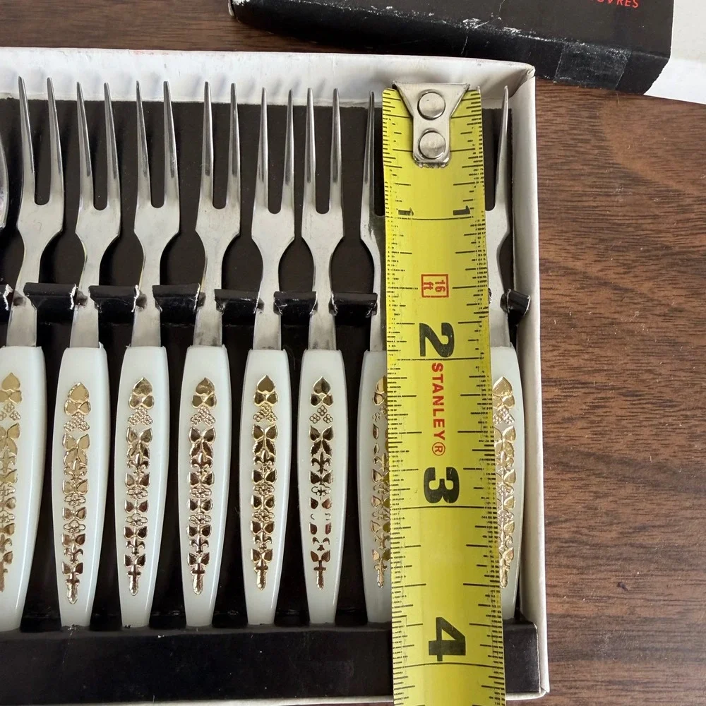 Vintage MCM Stainless Steel Mini Appetizer Forks Gold Filigree White Handles 12